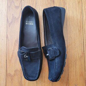 Stuart Weitzman 6.5M Black Suede Leather Square Toe Buckle Accent Flats